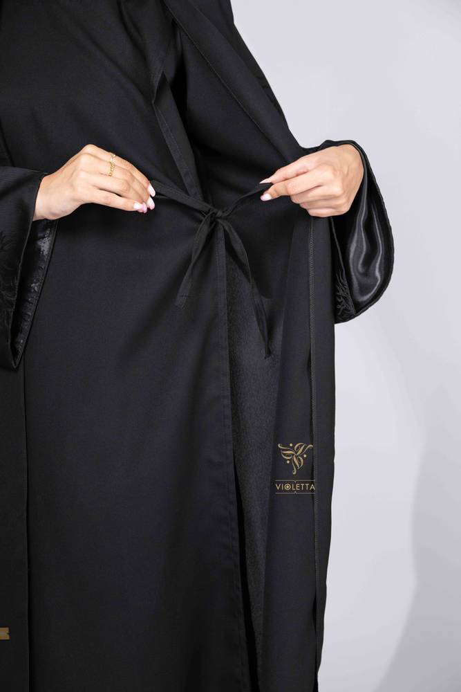 عباية  سوداء بأكمام من الجاكار  بقطعة فستان متصل -Z6144